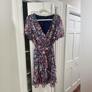 Tahari Blue and Pink Floral Short Sleeved Dress